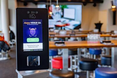 Axess VENUE OS facial authentication terminal in the lounge of Red Bull Arena Salzburg
